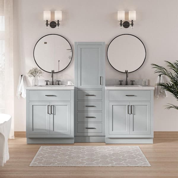 Hepburn 3-Piece Set 2 x 30 in Single Sink Bathroom Vanity with Carrara White Quartz Top and 20 in Linen Cabinet in Gray