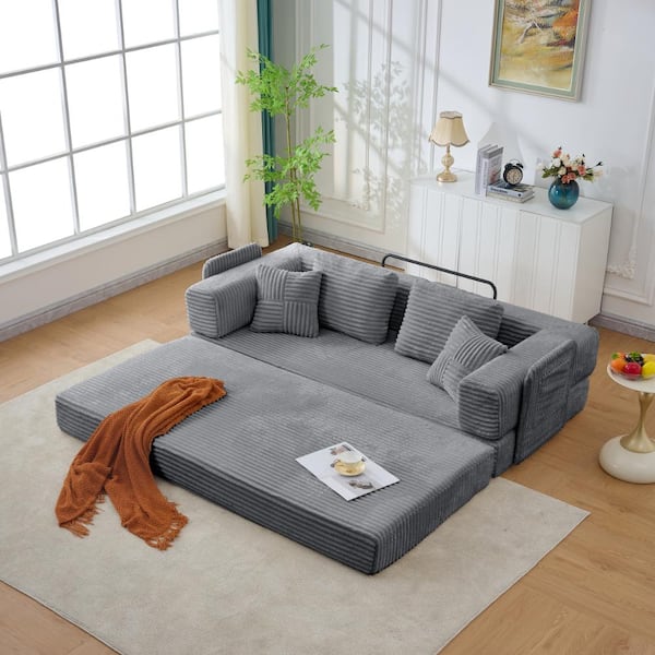 Asucoora 78 in. Grey Corduroy King Size Convertible Sleeper Sofa