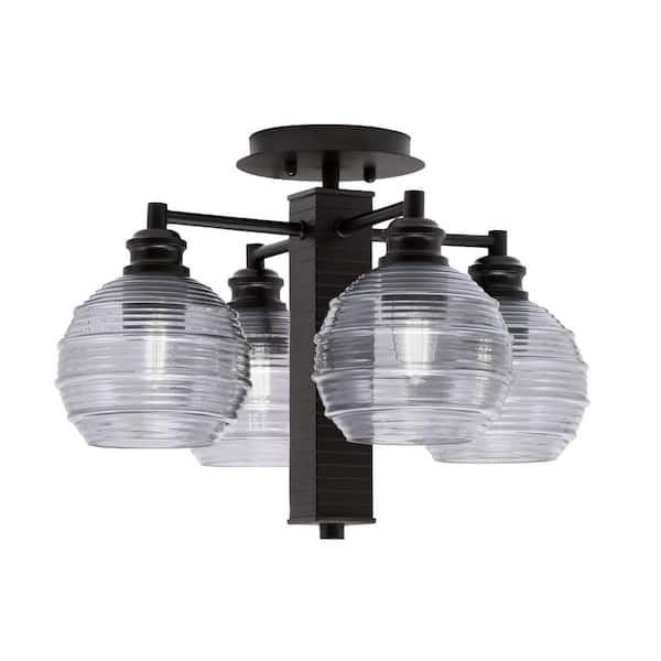 Unbranded Albany 17.25 in. 4-Light Espresso Semi-Flush with Smoke Ribbed Glass Shades