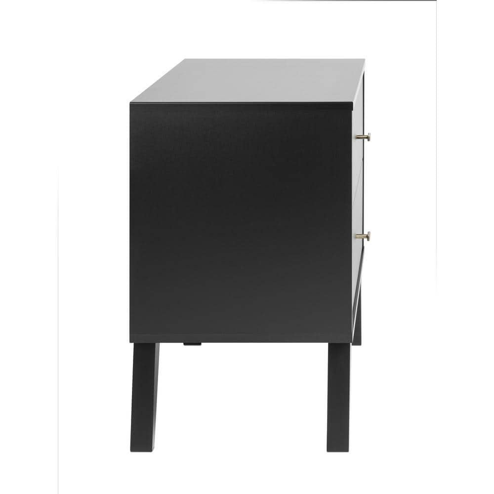 Black Mid-Century Modern 2-Drawer Nightstand with Brass Knobs