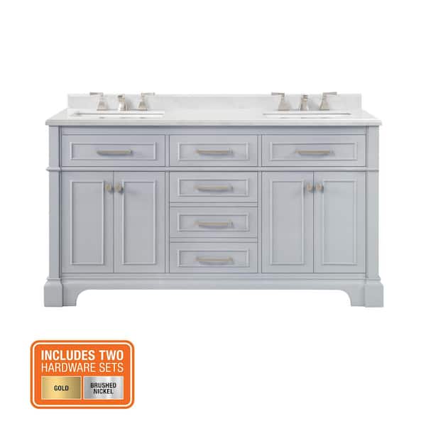 Melpark 60 in. Double Sink Dove Gray Bath Vanity with White Engineered Marble Top (Assembled)