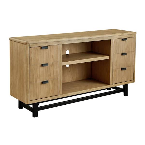 Benjara 67.28 in. Brown and Black Wood TV Stand Fits TVs up to 70 in. with 2 Side Cabinets Doors and Adjustable Shelves