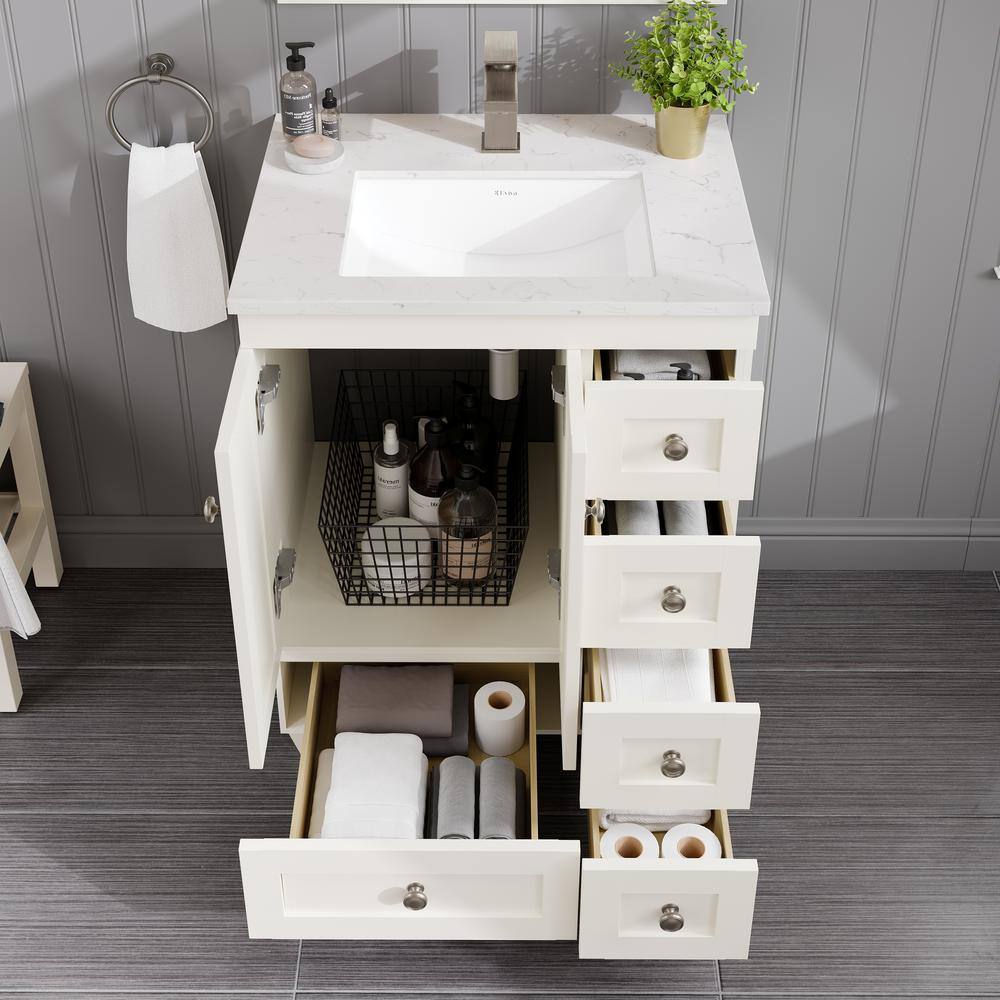White Carrara Quartz Top Freestanding Bathroom Vanity with Porcelain Sink