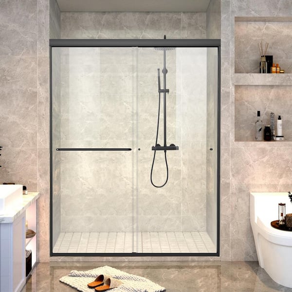 ANGELES HOME 56-60 in. W x 70 in. H Sliding Framed Shower Door in Matte Black with 1/4 in. Coated Clear Glass,Left/Right-Side Open