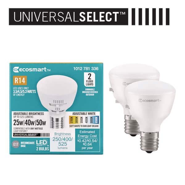 Universal Select 25/40/50-Watt Equivalent R14 E17 Dimmable LED Flood Light Bulb w/ Selectable Color Temperature (2-Pack)