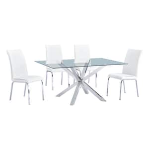Tom 5-Piece Rectangle Stainless Steel Glass Top White Faux Leather Chairs
