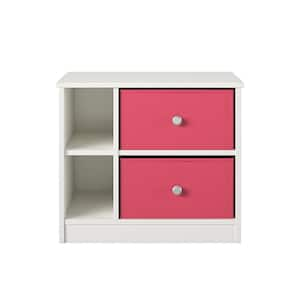 Mya Park Nightstand with 2 Fabric Bins, White w/ Pink Bins