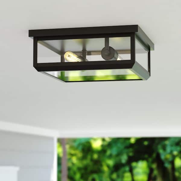 VAXCEL Kinzie Black Outdoor Square Flush Mount 2-Light Ceiling Light with Clear Glass
