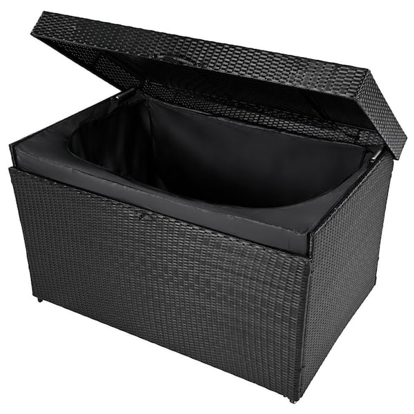 230 Gal. All-Weather Black Wicker Deck Box with Wheels, Lockable Lid and Side Handle