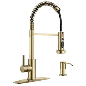 Single Handle Swivel Spout Pull Down Sprayer Kitchen Faucet with Deck plate and Soap Dispenser in Gold