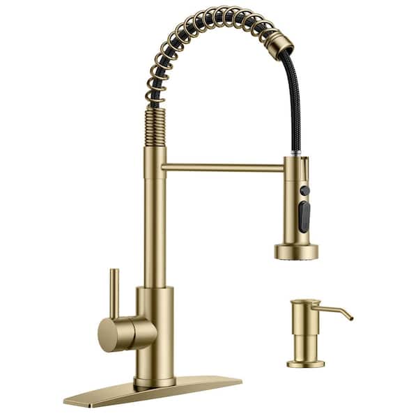 androme Single Handle Swivel Spout Pull Down Sprayer Kitchen Faucet with Deck plate and Soap Dispenser in Gold