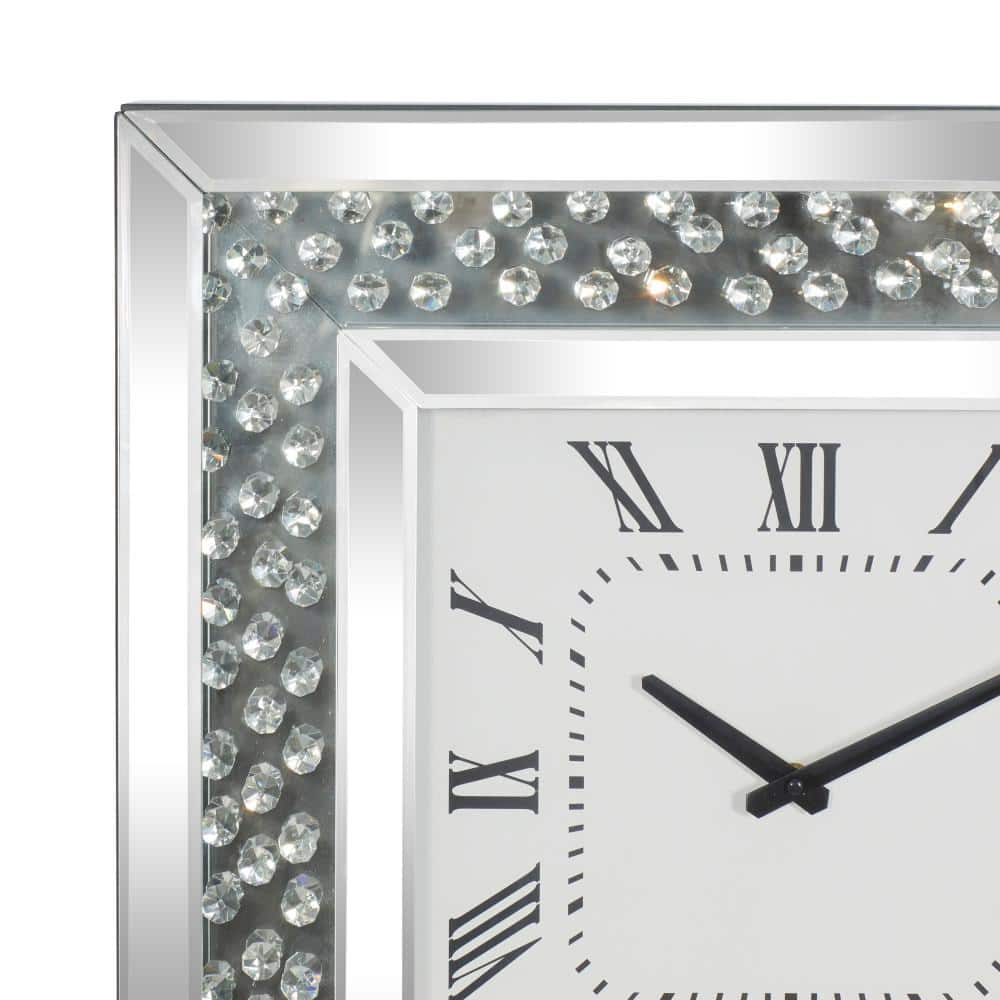 Silver Mirrored Square Wall Clock with Floating Crystals