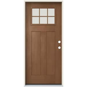 36 in. x 80 in. Left-Hand Craftsman 6 Lite Clear Glass Hazelnut Stain Fiberglass Prehung Front Door with Brickmould