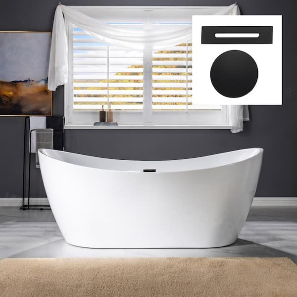 WOODBRIDGE Murcia 71 in. Acrylic FlatBottom Double Slipper Bathtub with Matte Black Overflow and Drain Included in White