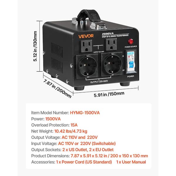 VEVOR Voltage Converter Transformer 1500VA Heavy Duty Step Up/Down