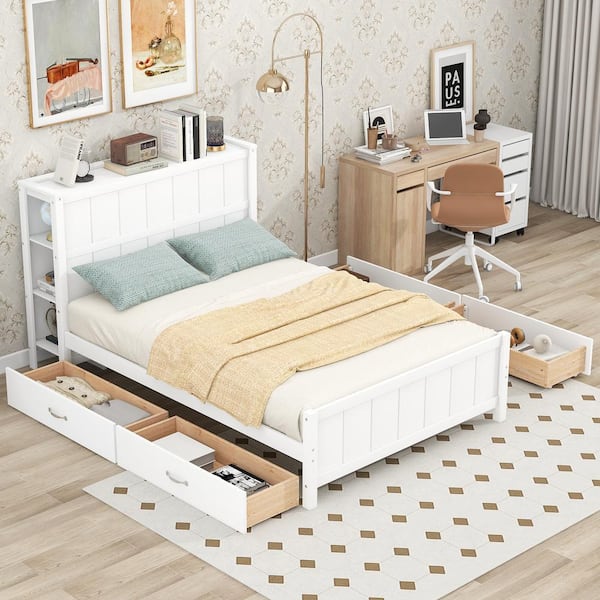 Harper And Bright Designs White Wood Frame Full Size Platform Bed With 4 Drawers And 6 Storage