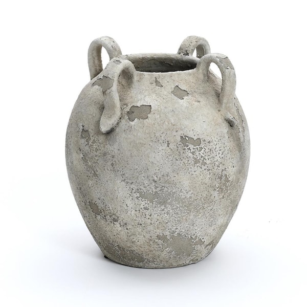 LuxenHome 10 in. Rustic Gray and White Terracotta Round Vase with Handles