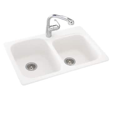 Drop-In/Undermount Solid Surface 33 in. 1-Hole 55/45 Double Bowl Kitchen Sink in White