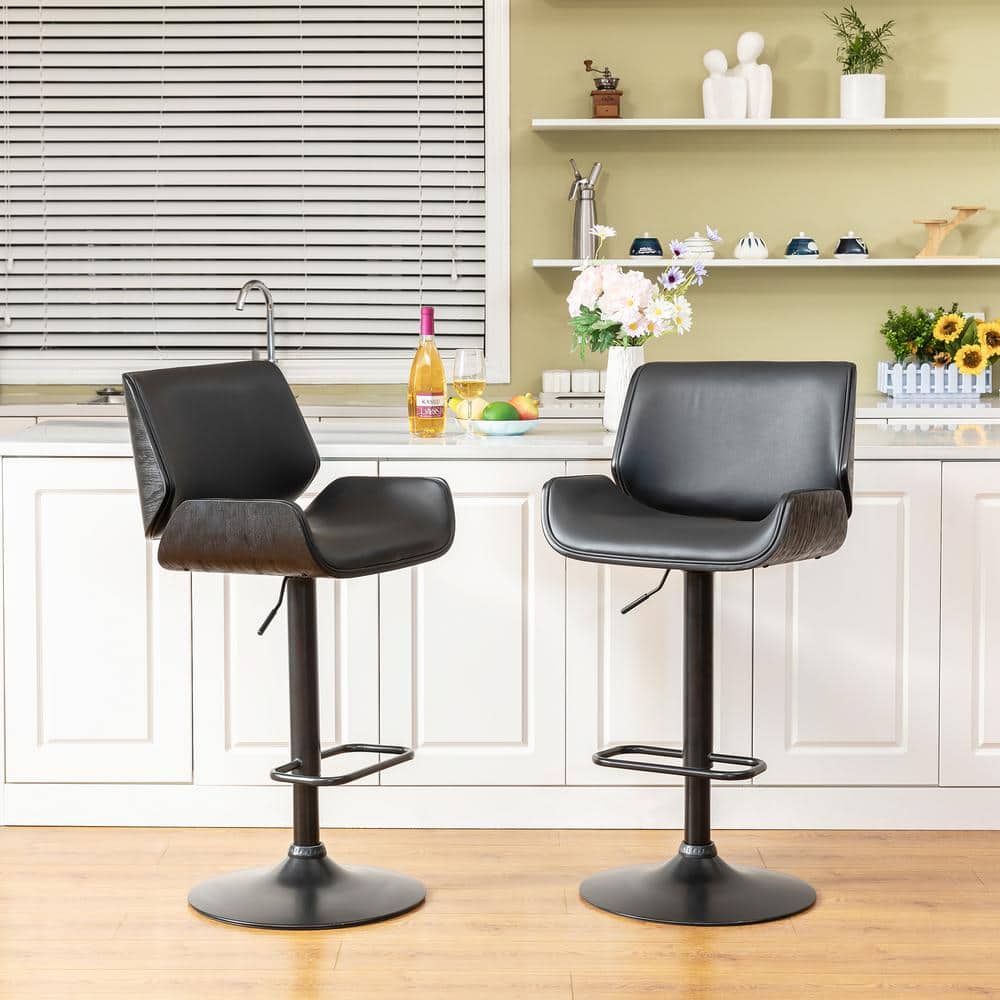 Black Adjustable Height Swivel Bar Stools with Leather and Metal