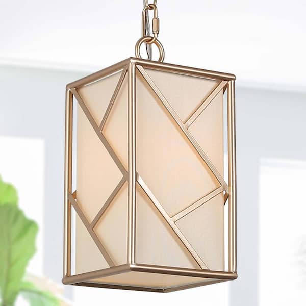 Uolfin Gold Cage Mini Pendant Light, 1-Light Modern Geometric Lantern Kitchen Island Pendant Light with Fabric Shade