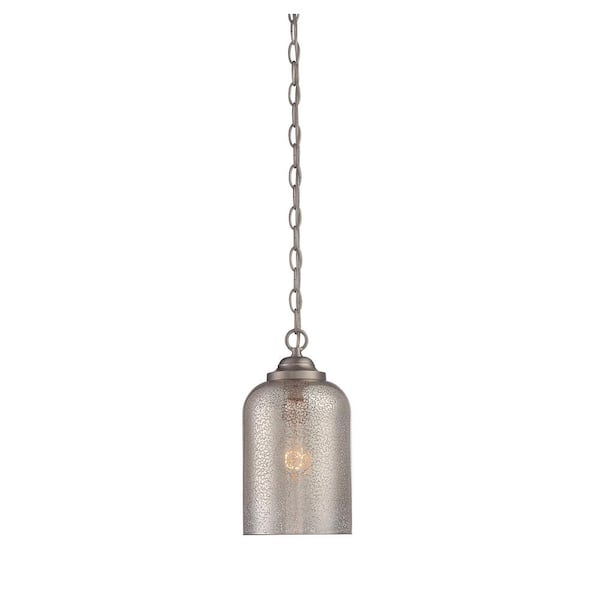 Savoy House Bally 6.5 in. W x 12 in. H 1-Light Satin Nickel Shaded Pendant Light with Mercury Glass Shade