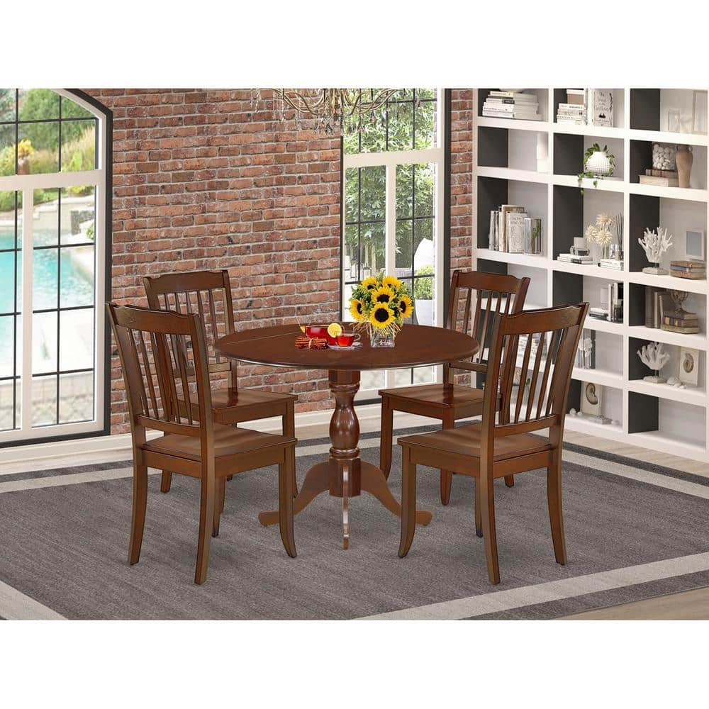 5-Piece Mahogany Finish Solid Wood Top Dining table with 4 Chairs with Drop Leaf Slat Back