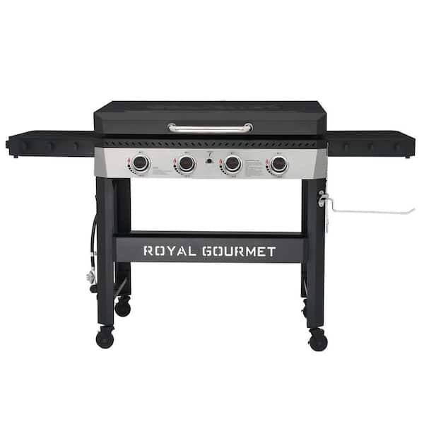 4 Burner Propane Gas Griddle with Hood, Black & Silver, 732 Sq. In. Cooking Area, Side Shelves and Front Basket