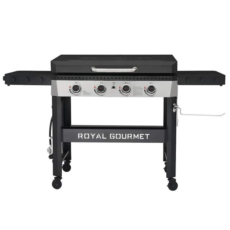 Royal Gourmet 4 Burner Propane Gas Griddle with Hood, Black & Silver, 732 Sq. In. Cooking Area, Side Shelves and Front Basket