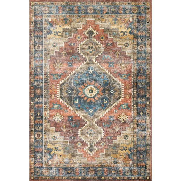 LOLOI II Skye Rust/Blue 6' X 9' Printed Distressed Oriental Area Rug