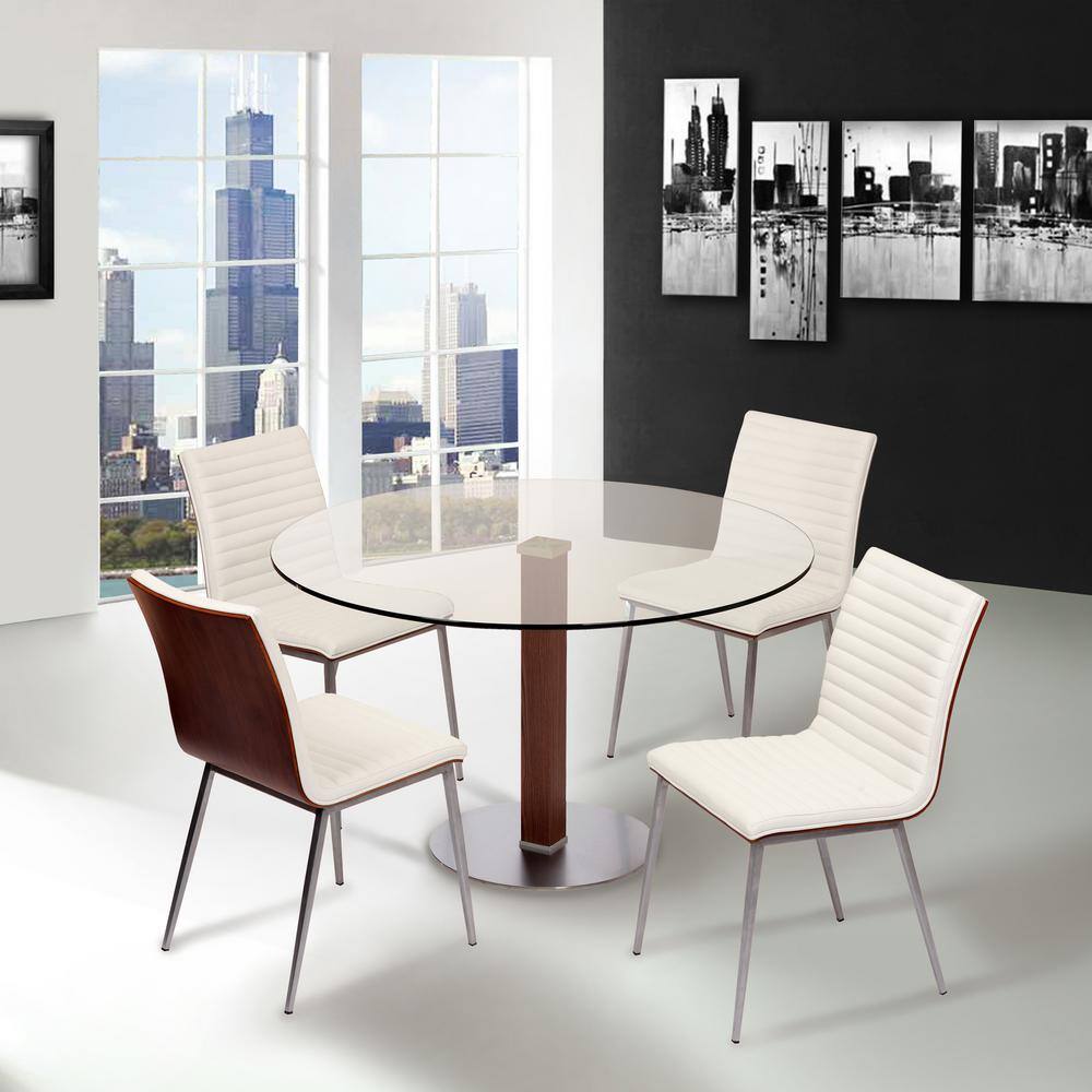 White Faux Leather and Stainless Steel Dining Chair Set
