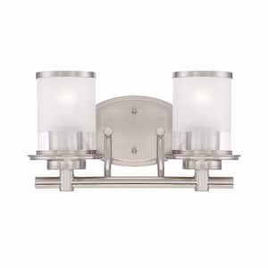 Truitt 14.2 in. 2-Light Brushed Nickel Transitional Bathroom Vanity Light with Frosted Glass Shades