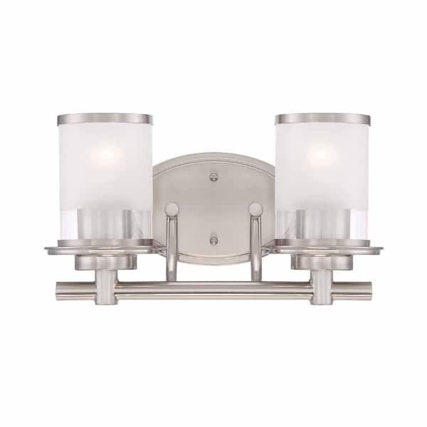 Vanity Light Brushed Nickel Steel 2 Lights Fixture Frosted Glass Shade Hardwired 