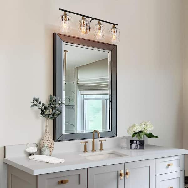 Modern Black Wall Sconce Lighting, Transitional 28 in. 4-Light Brass Gold Bathroom Vanity Light with Water Glass Shades