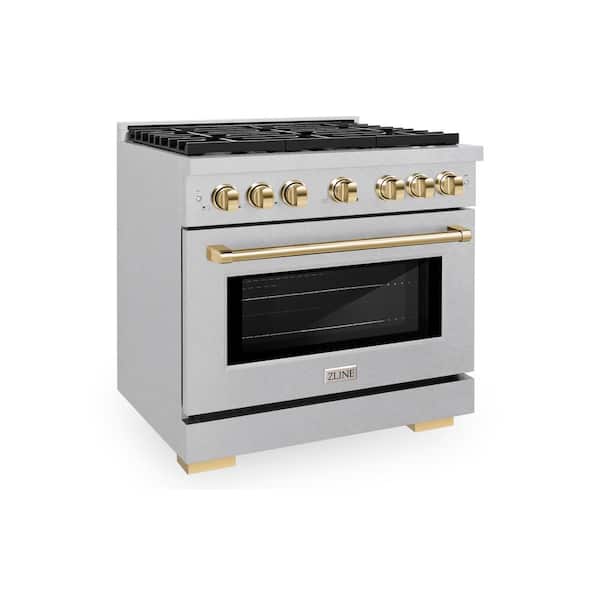 Autograph 36 in. Paramount Dual Fuel Range with 6 Burners and Convection Oven in Satin Steel with Gold Accents