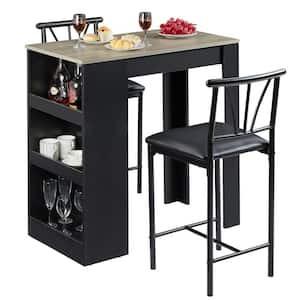 Small Bar Table and Chairs, Dining Set for 2, Storage Shelves, Space-Saving, Retro Dinning Set, Gray