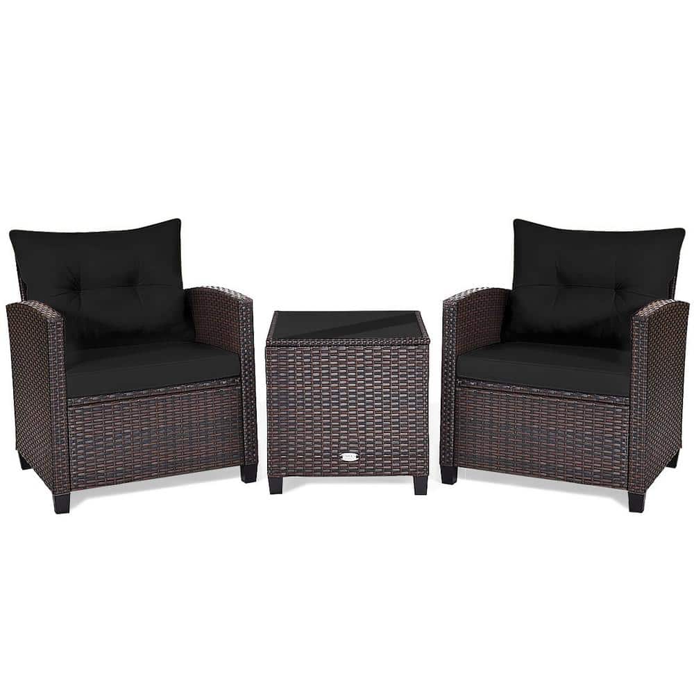Outdoor 3-Piece Wicker Patio Conversation Set with Glass Top Coffee Table a
