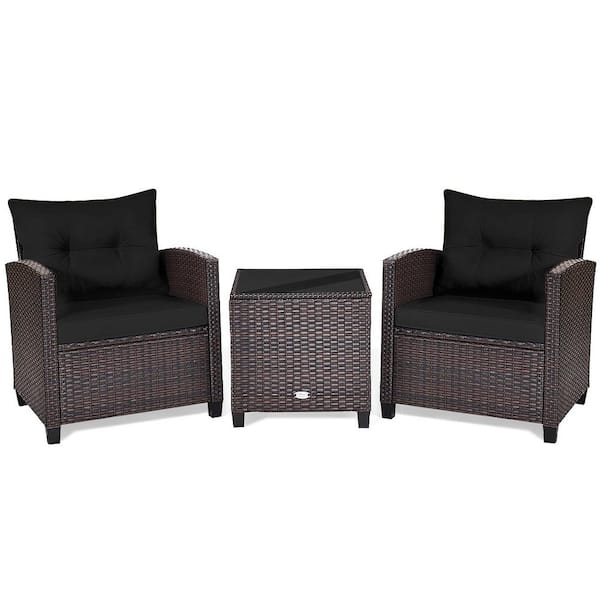 Unbranded Outdoor 3-Piece Wicker Patio Conversation Set with Glass Top Coffee Table and Black Cushion