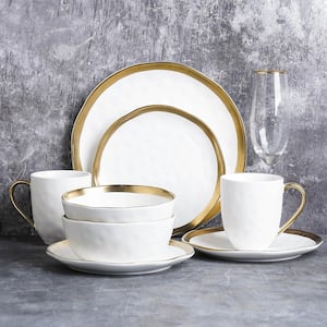 16-Piece Dishes for 4-Gold and White Florian Modern Porcelain Dish Set