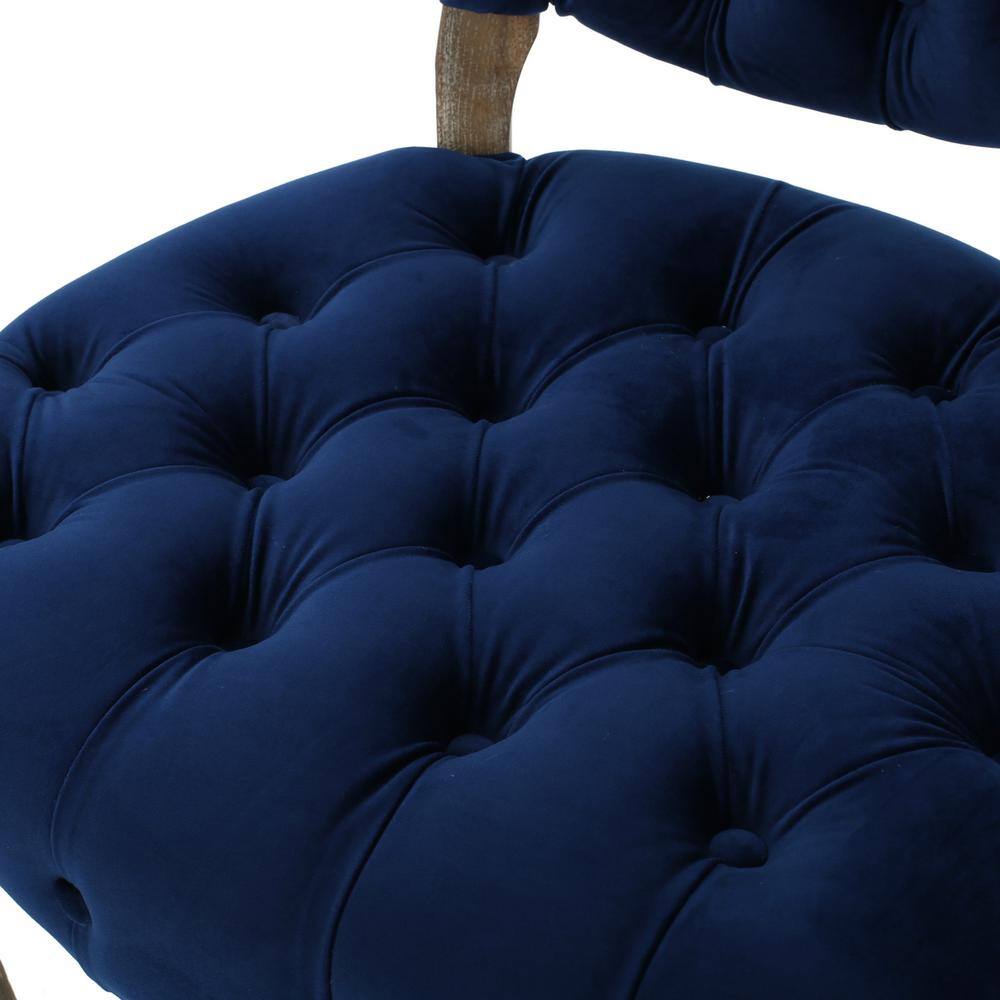 Navy Blue Velvet Upholstered Dining Side Chairs with Natural Rubberwood Legs