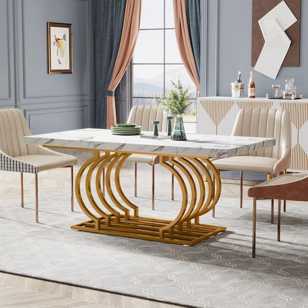 BYBLIGHT Modern White Wood 63 in. Trestle Dining Table Seats 6 Rectangular Dinner Room Table with Geometric Frame