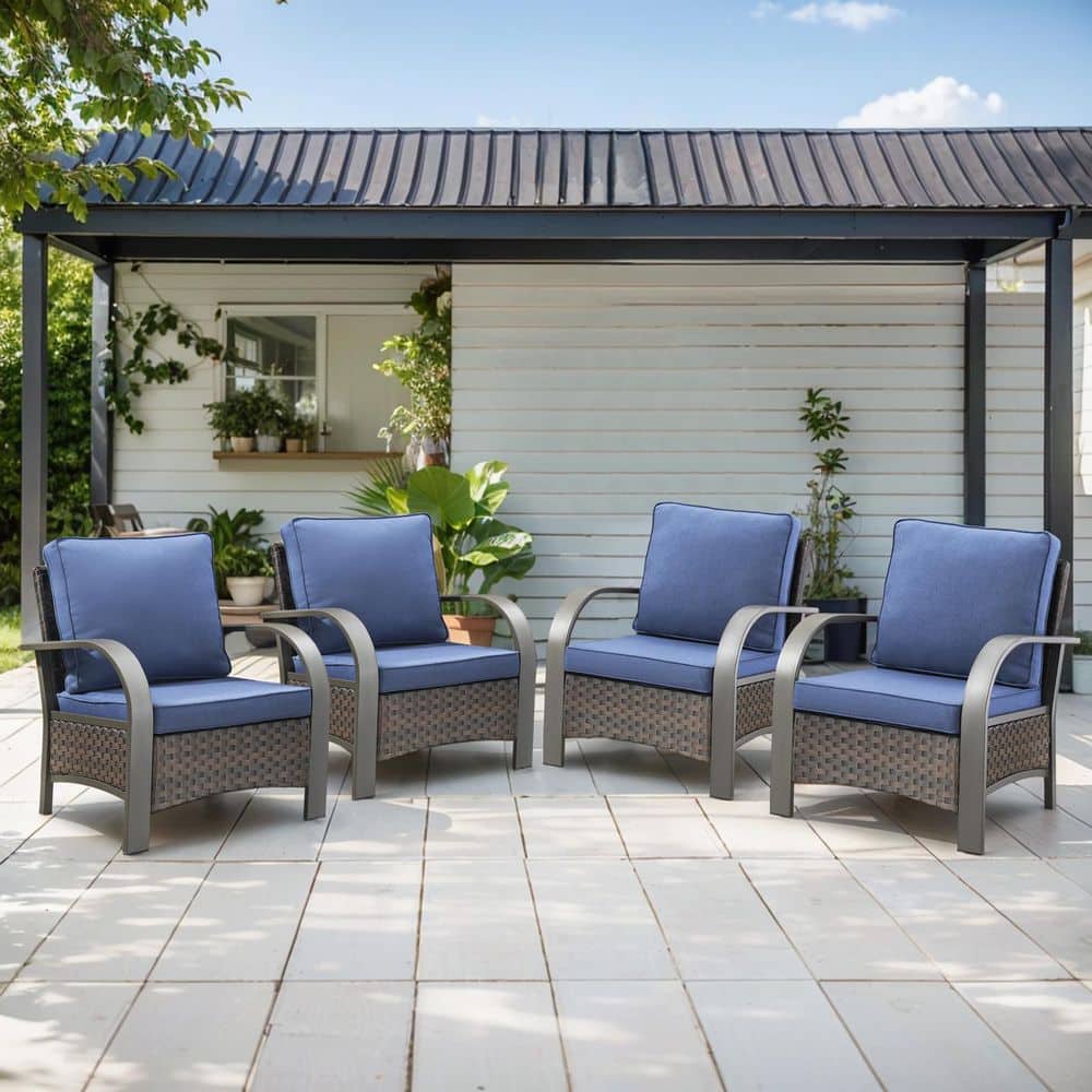Brown Metal Armrests Wicker Outdoor Lounge Chair, Rattan Armchair with Navy Blue Cushions for Patio Porch (4-Pack) price history on PriceWatchPro