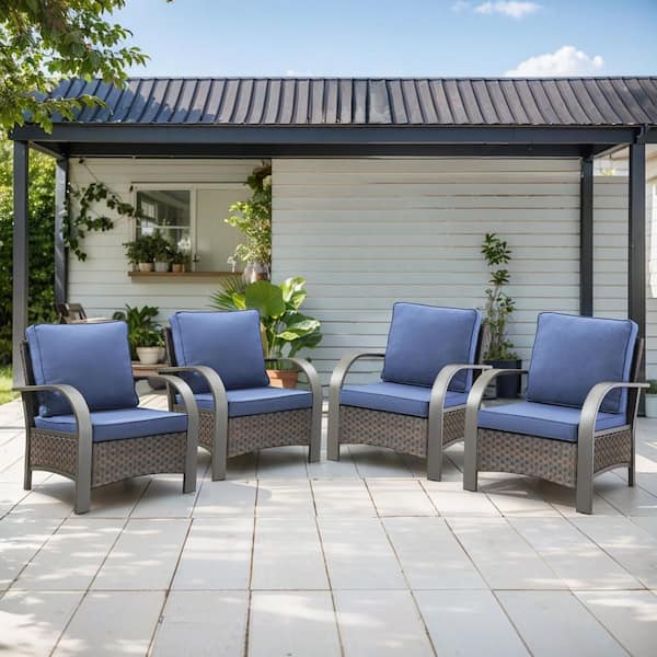 Opohoro Brown Metal Armrests Wicker Outdoor Lounge Chair, Rattan Armchair with Navy Blue Cushions for Patio Porch (4-Pack)