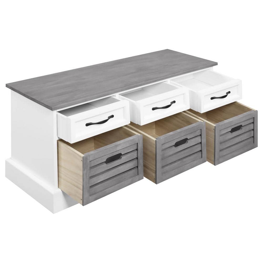 White and Weathered Gray 3-Drawer Storage Bench