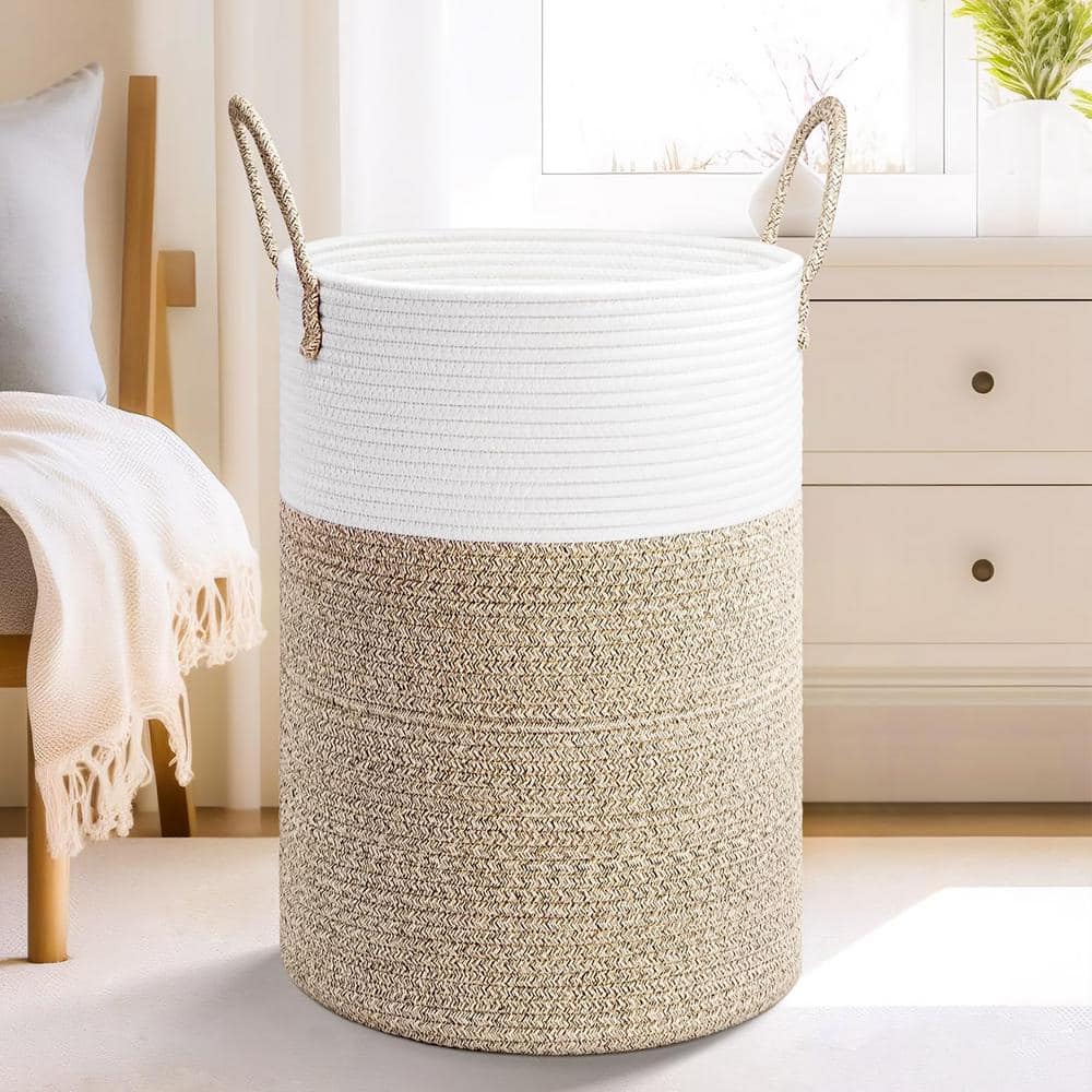 Brown 60L Round Woven Cotton Rope Laundry Hamper
