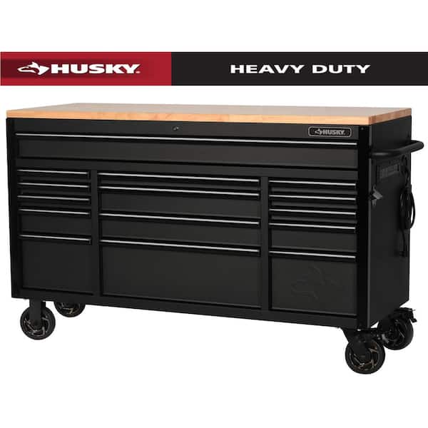 61 in. W x 23 in. D Heavy Duty 15-Drawer Mobile Workbench Tool Chest with Solid Wood Top in Matte Black