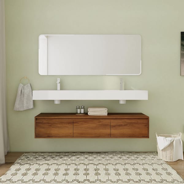 60 in. Wall-Mounted Double Brown Ebony Bath Vanity with White Resin Top Assembled