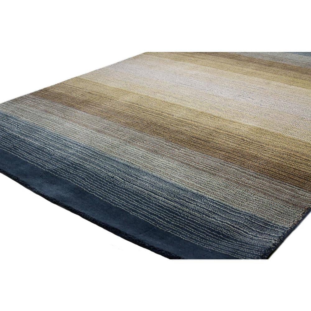 Handmade Light Blue and Brown Wool Striped Area Rug, 5' x 7'