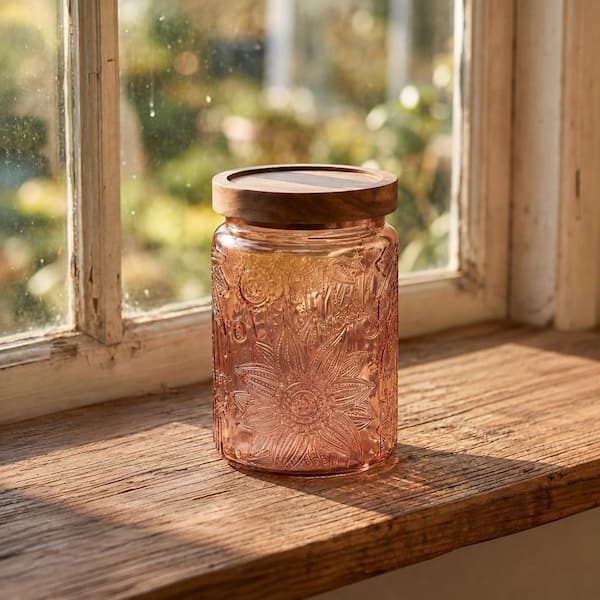 2-Piece 24 oz. Glass Storage Jar Set with Wooden Lids and Embossed Floral Detail, Green and Brown