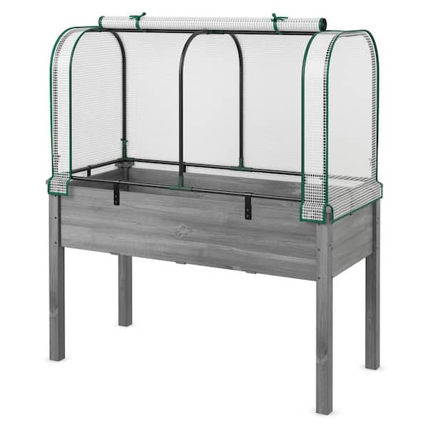 Fir Wood Raised Garden Bed with Greenhouse Waterproof Sun-Protective Green Hot House White+Grey