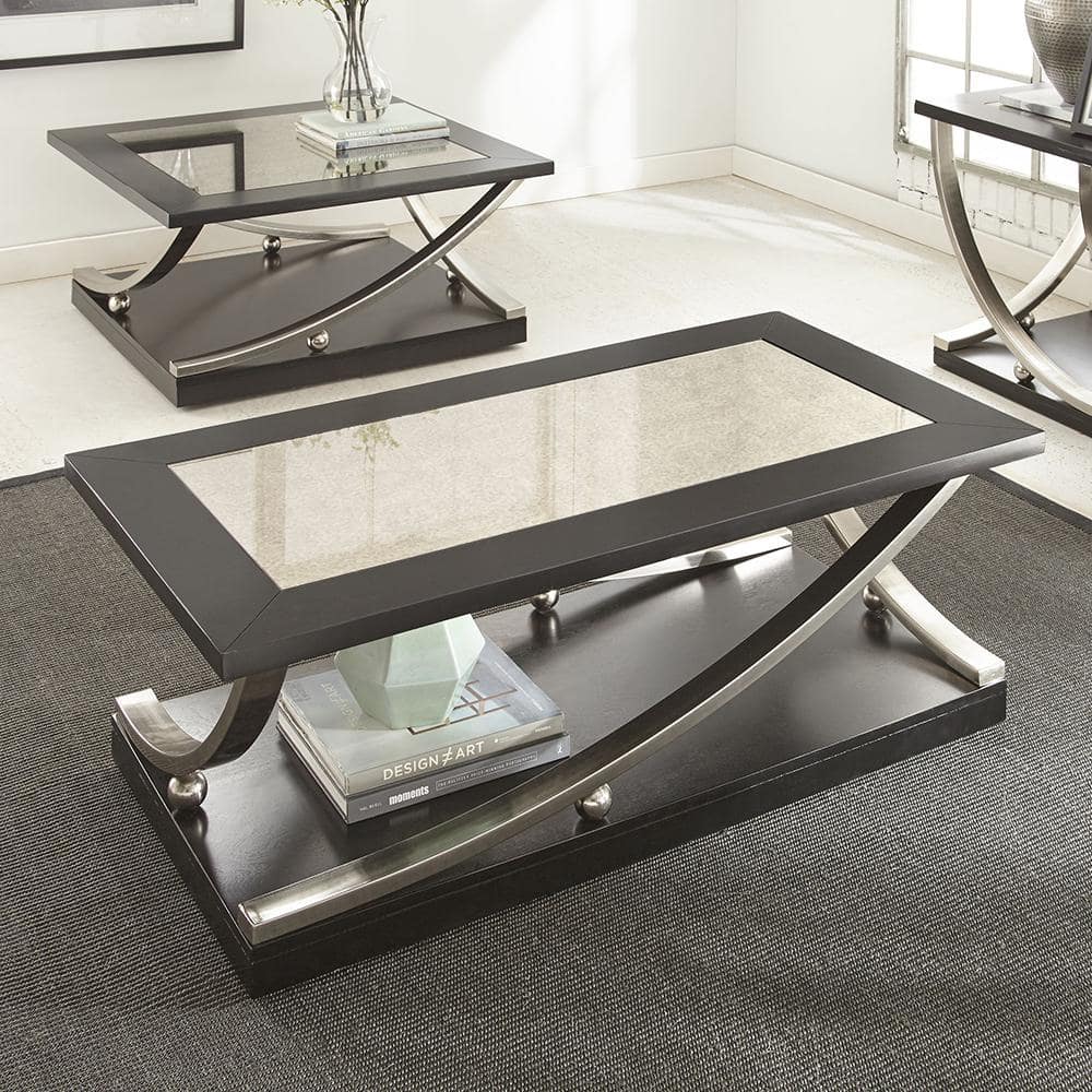 Ramsey Rectangular Ebony Birch and Steel Coffee Table with Mirrored Top